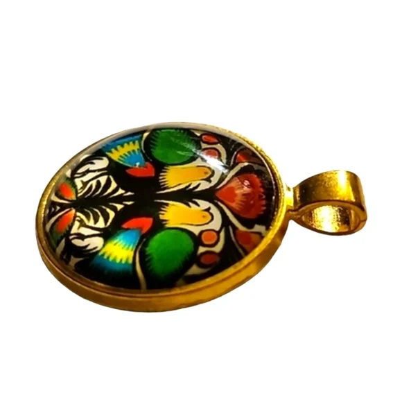 Vintage Eastern European Folk Art Pendant 18K Colorful Bird Motif 1" Medallion - Picture 5 of 11